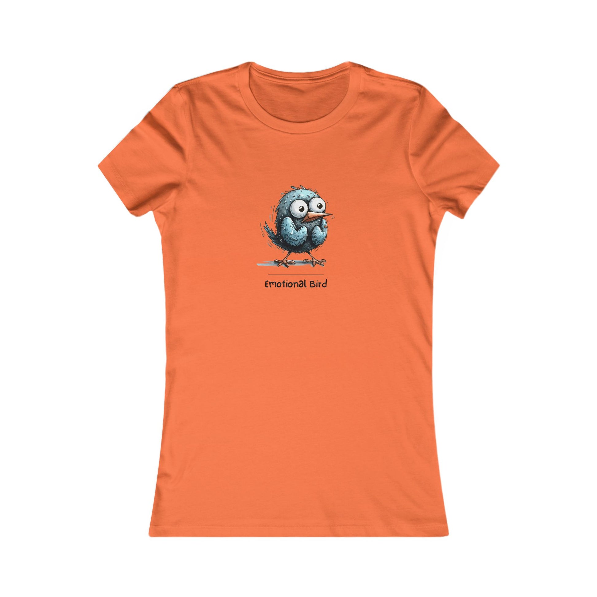 Orange quirky emotional tee women featuring a cartoon blue emotional bird graphic by Printify