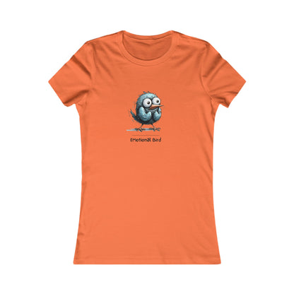 Orange quirky emotional tee women featuring a cartoon blue emotional bird graphic by Printify