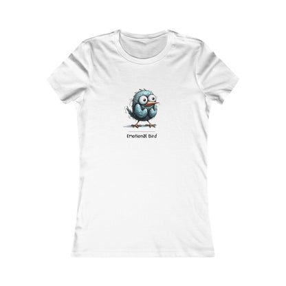 Printify white quirky emotional tee women with cute blue emotional bird graphic on front