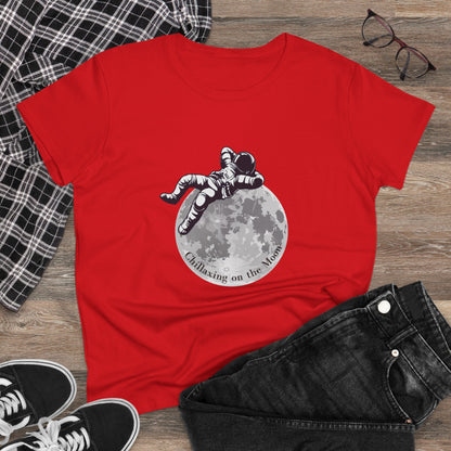 Red moon t-shirt women with astronaut relaxing on the moon graphic by Printify
