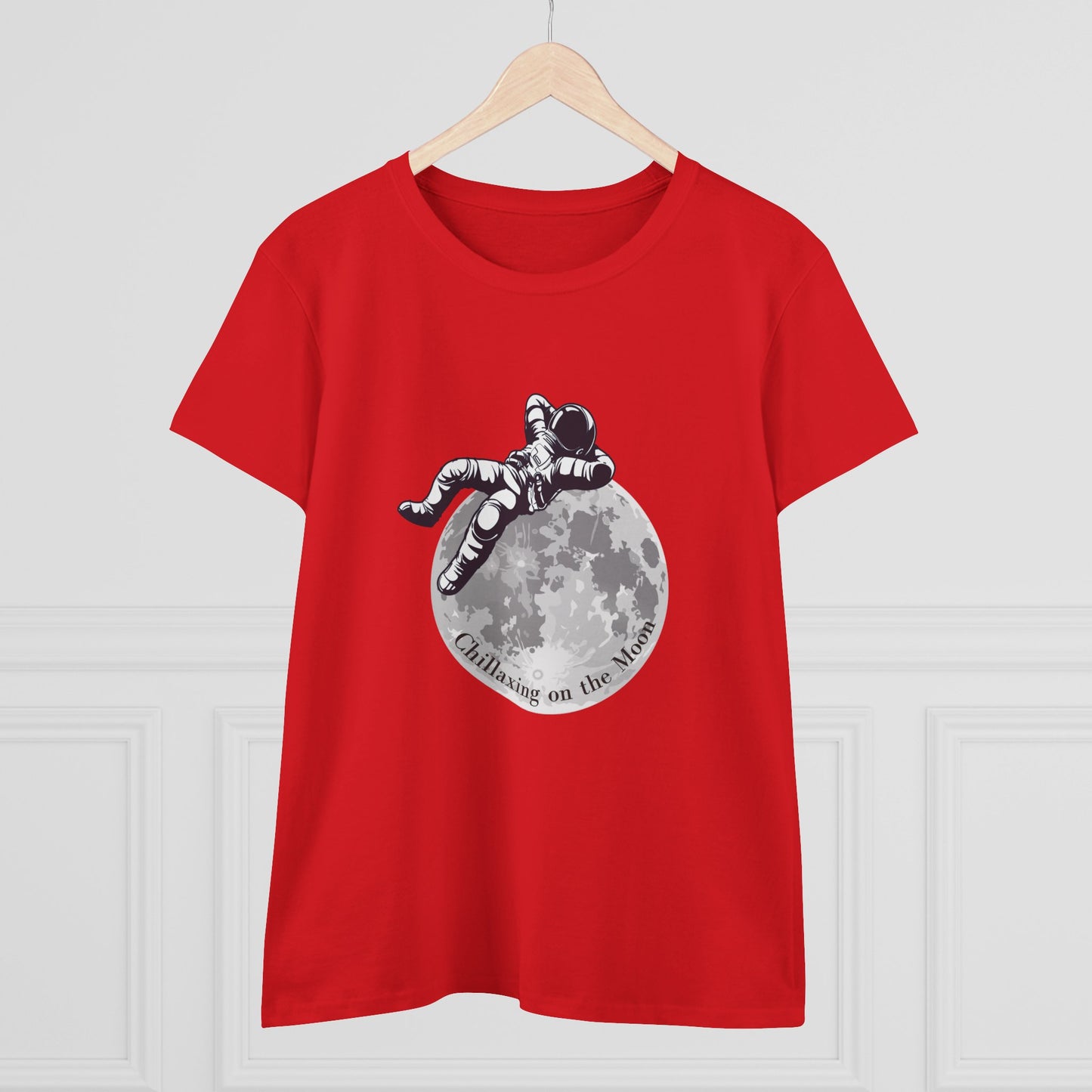 Red Printify moon t-shirt women with astronaut lounging on the moon graphic design