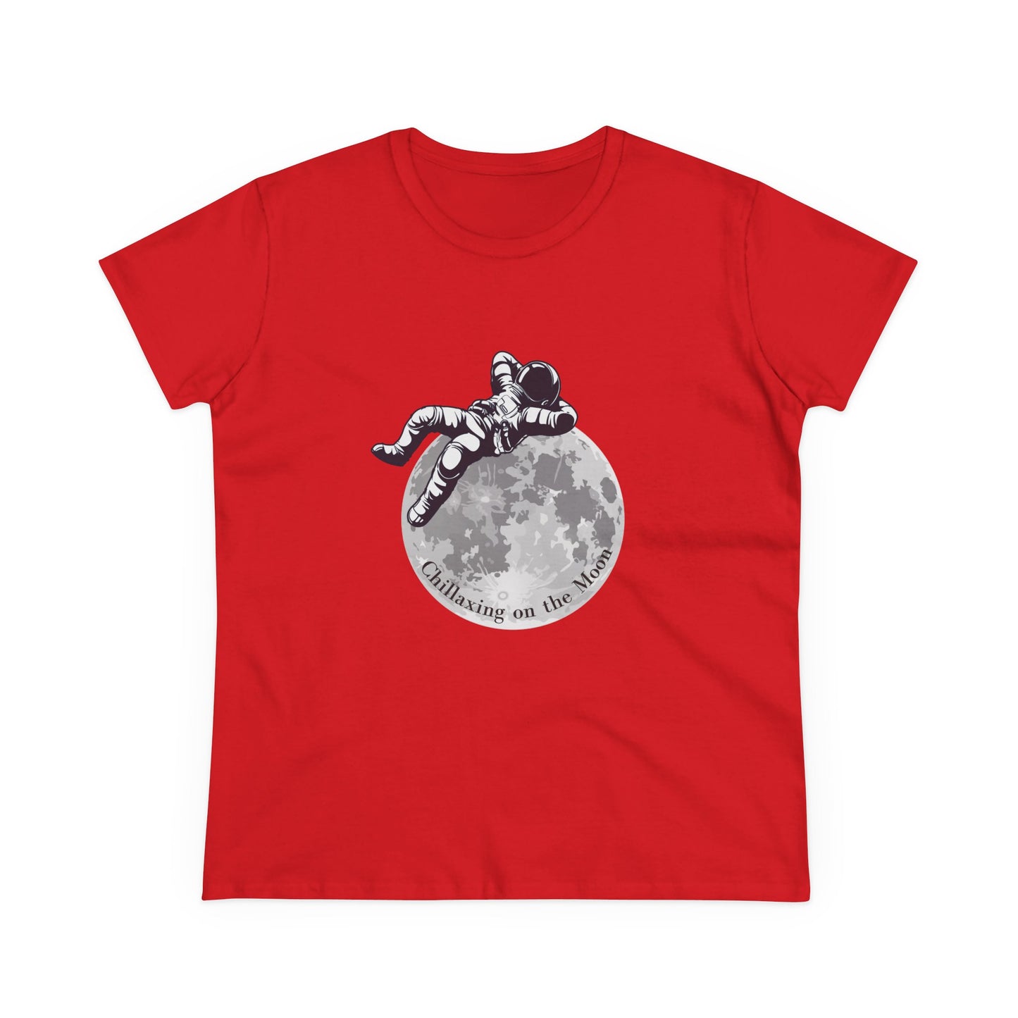 Red Printify moon t-shirt women with astronaut relaxing on the moon graphic design