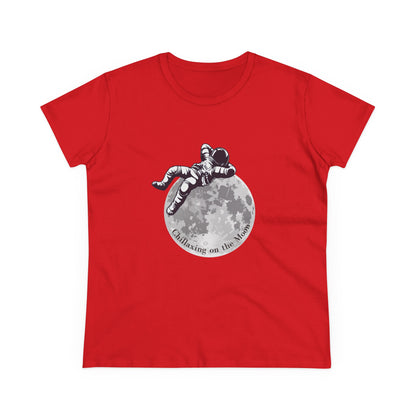 Red Printify moon t-shirt women with astronaut relaxing on the moon graphic design