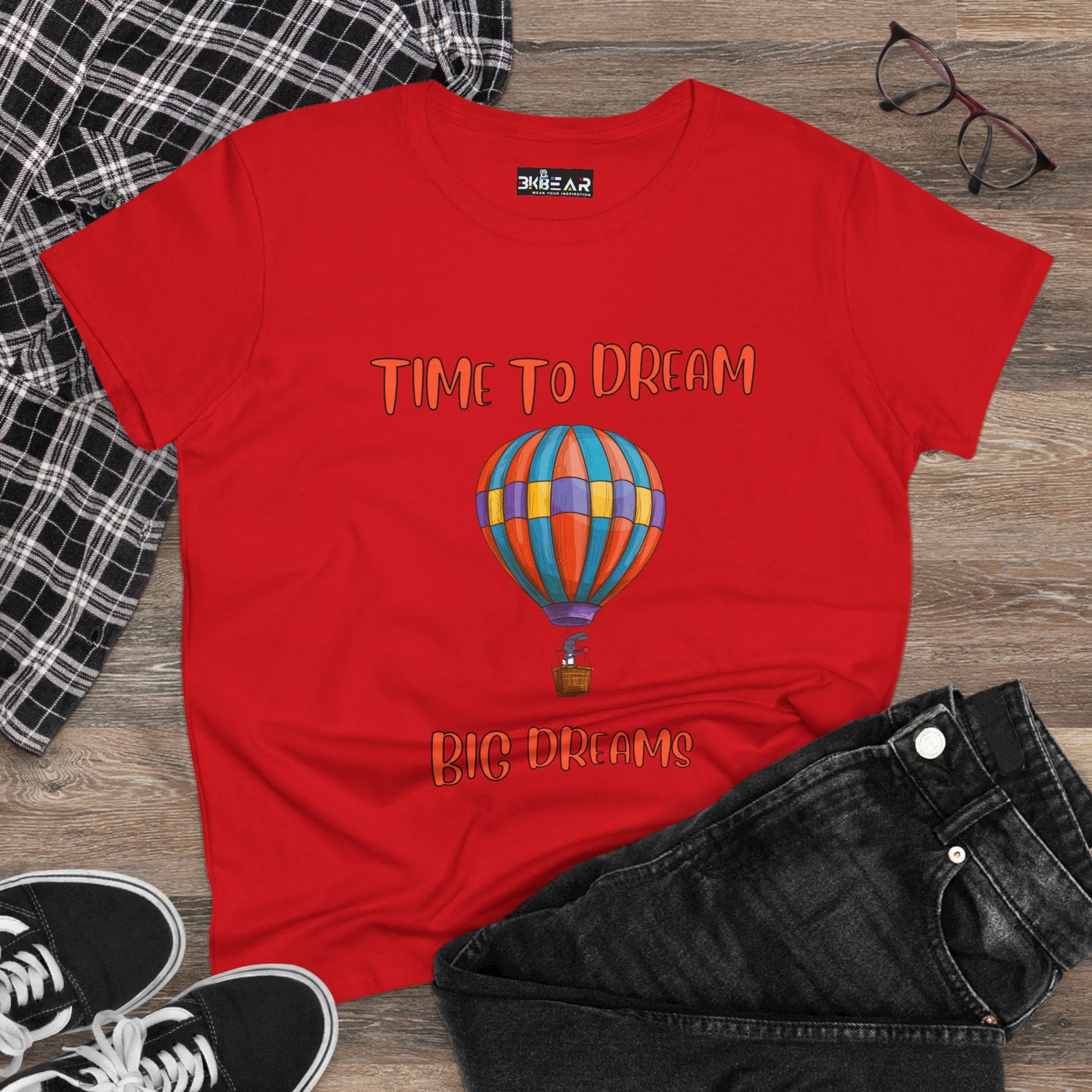 Red motivational graphic t-shirt for women with colorful hot air balloon and inspirational text