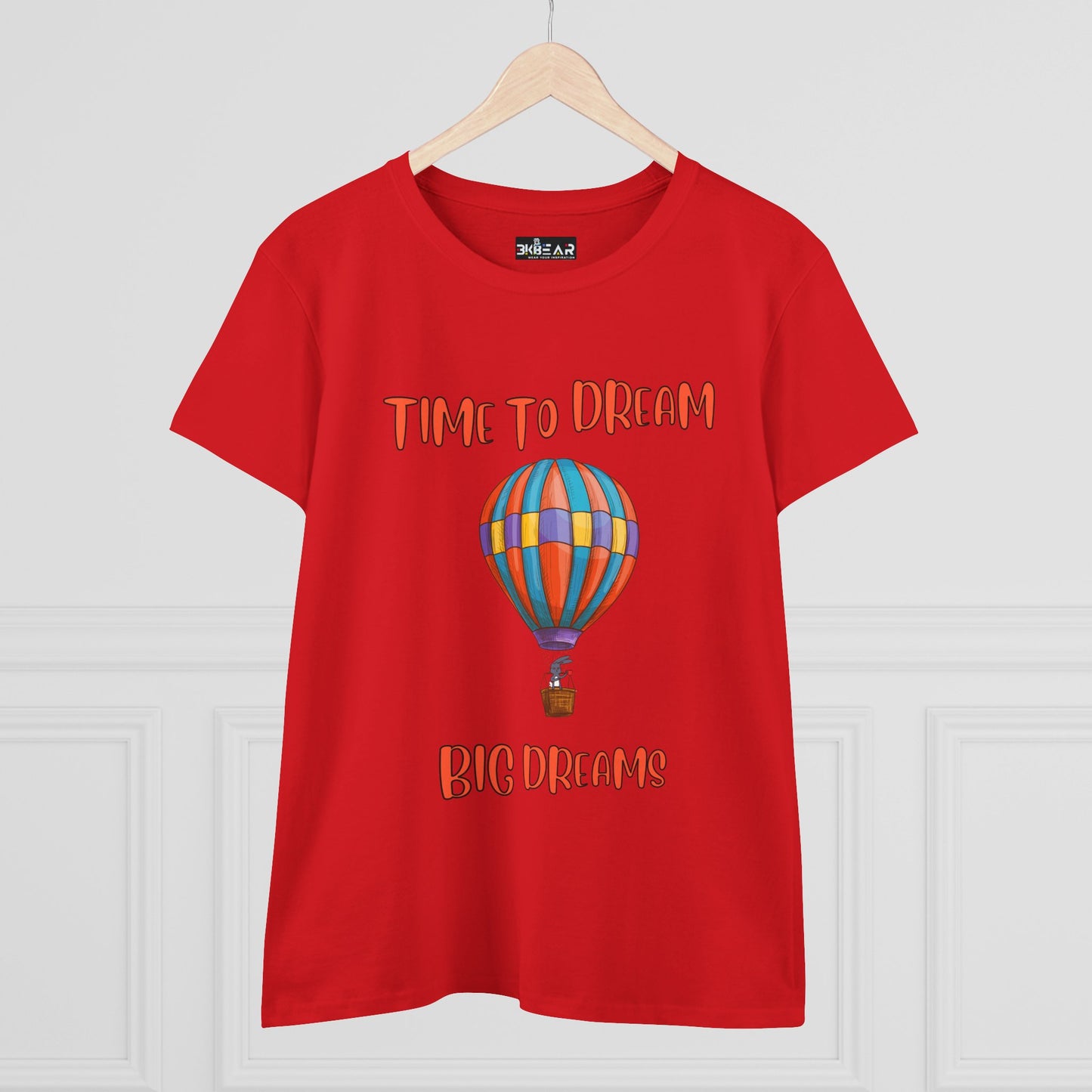 Red motivational graphic t-shirt for women with colorful hot air balloon and dream quote