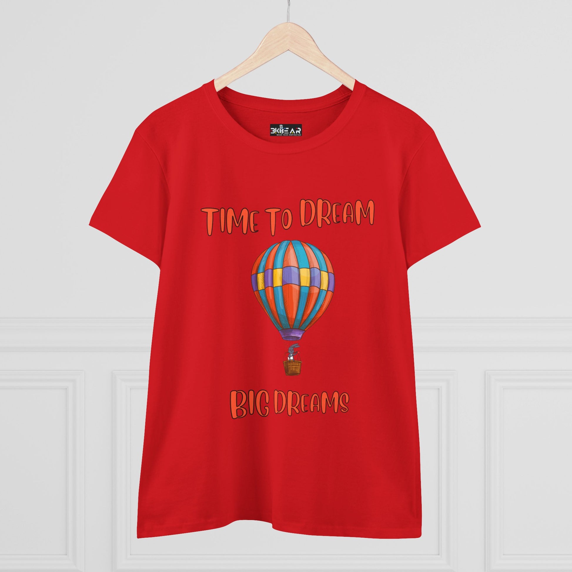 Red motivational graphic t-shirt for women with colorful hot air balloon and dream quote