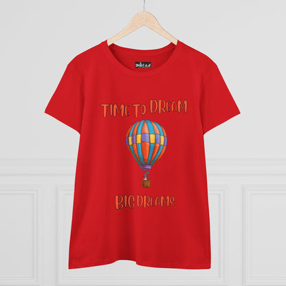 Red motivational graphic t-shirt for women with colorful hot air balloon and dream quote