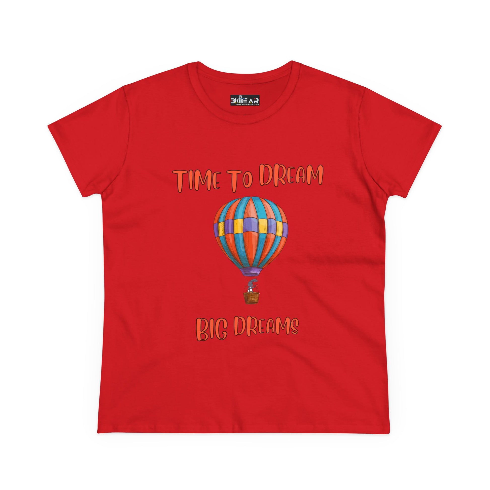 Red motivational graphic t-shirt for women with colorful hot air balloon and time to dream big dreams text
