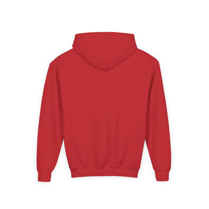 Back view of red hoodie sweatshirt for kids by Printify skateboard penguin sweatshirt child