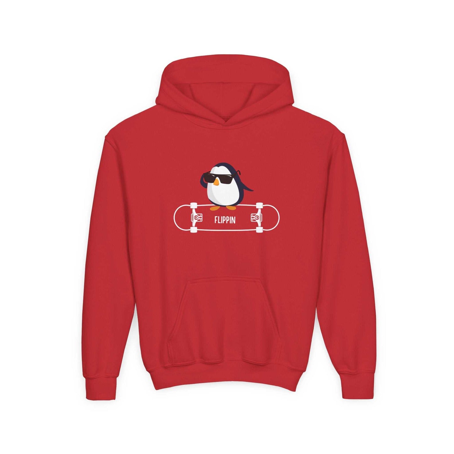 Red kids hoodie featuring a skateboard penguin sweatshirt child design with sunglasses and skateboard