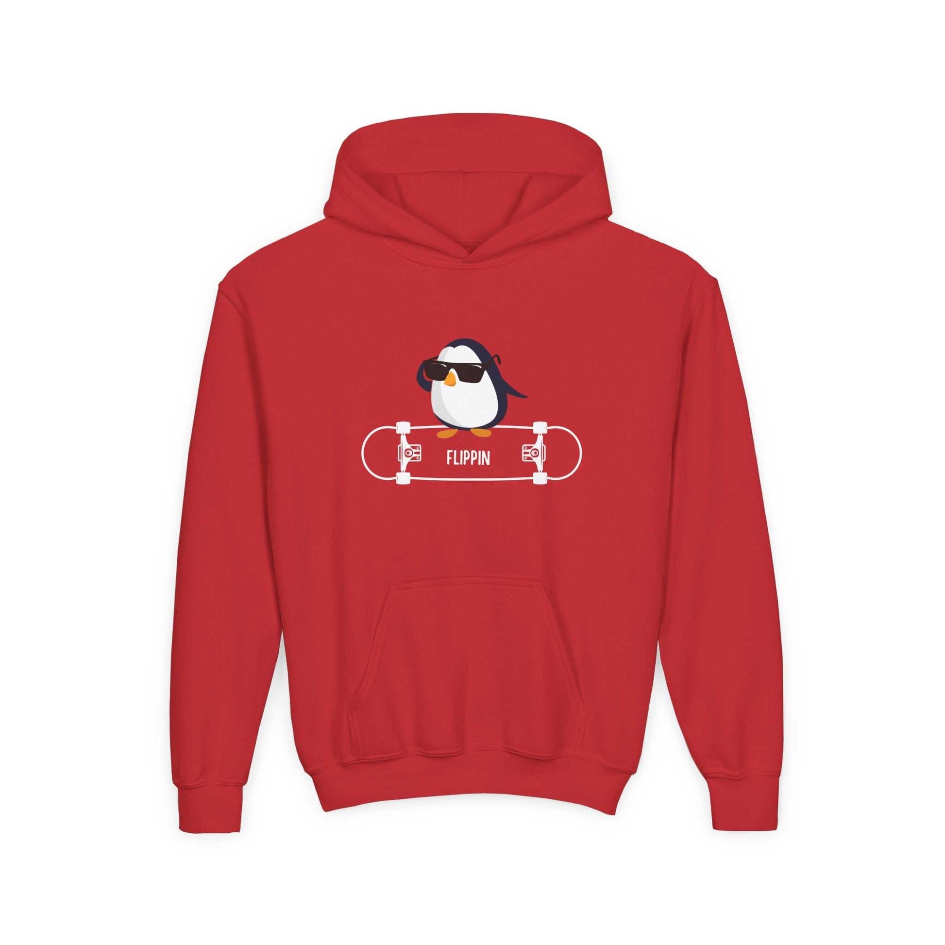 Red kids hoodie featuring a skateboard penguin sweatshirt child design with sunglasses and skateboard