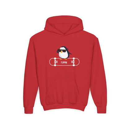 Red kids hoodie featuring a skateboard penguin sweatshirt child design with sunglasses and skateboard