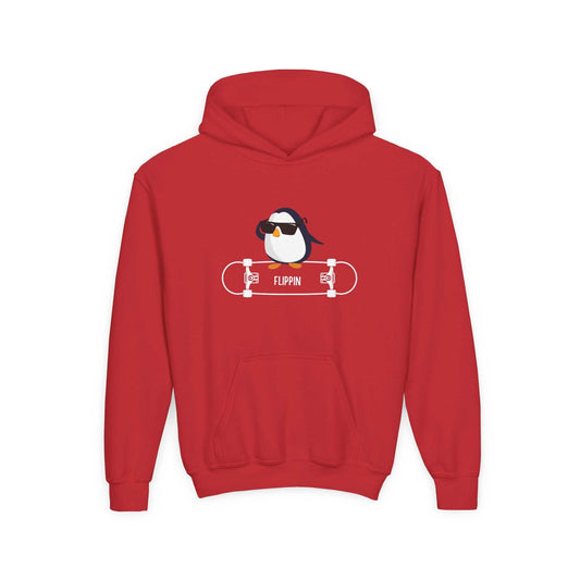 Red kids hoodie featuring a skateboard penguin sweatshirt child design with sunglasses and skateboard