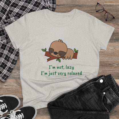 Printify relaxed sloth t-shirt for women with cute sleeping sloth on branch and green text design