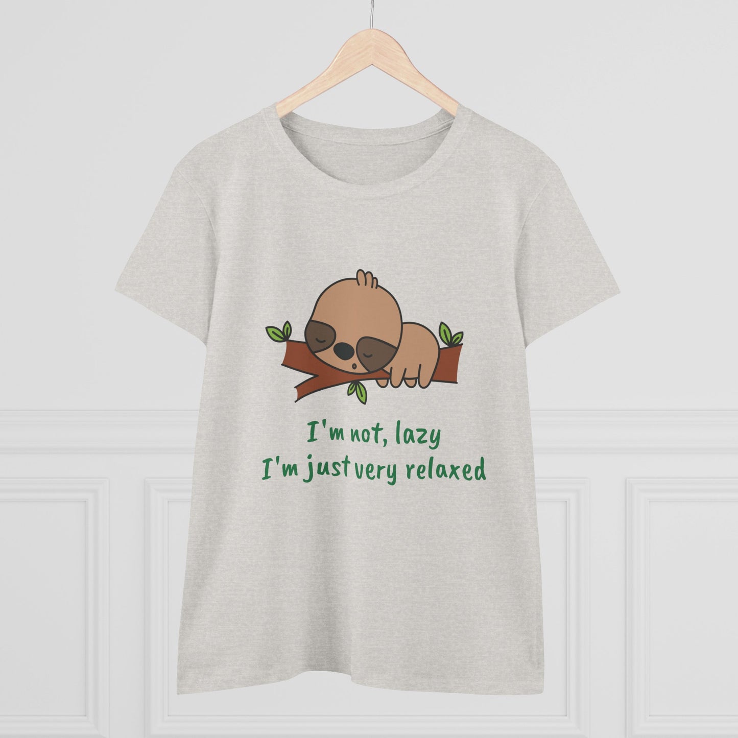 Relaxed sloth t-shirt for women with a cute sloth on branch and text I'm not lazy I'm just very relaxed