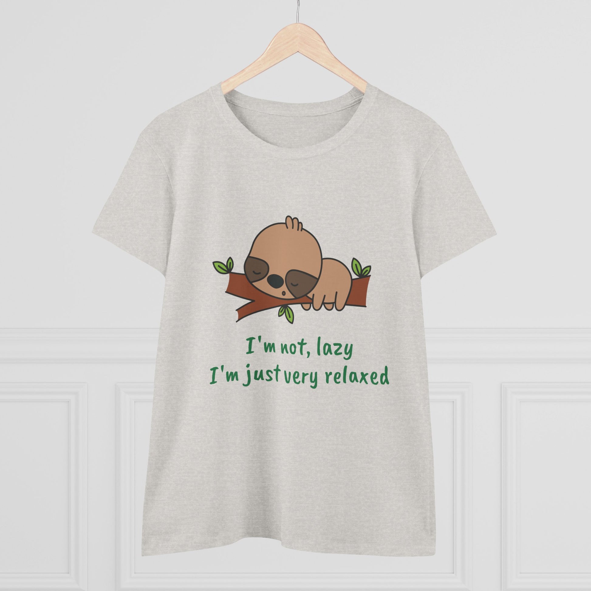 Relaxed sloth t-shirt for women with a cute sloth on branch and text I'm not lazy I'm just very relaxed