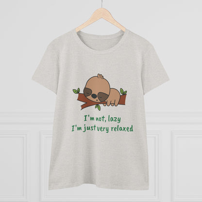 Relaxed sloth t-shirt for women with a cute sloth on branch and text I'm not lazy I'm just very relaxed