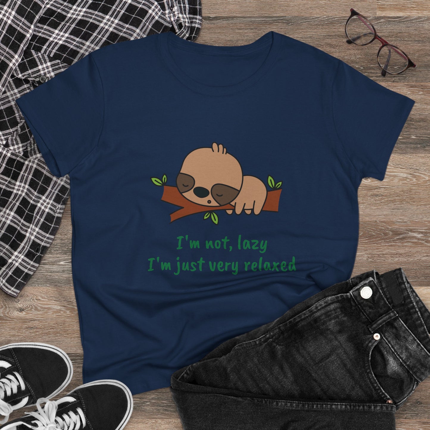 Navy relaxed sloth t-shirt for women with cute sloth graphic and casual style by Printify