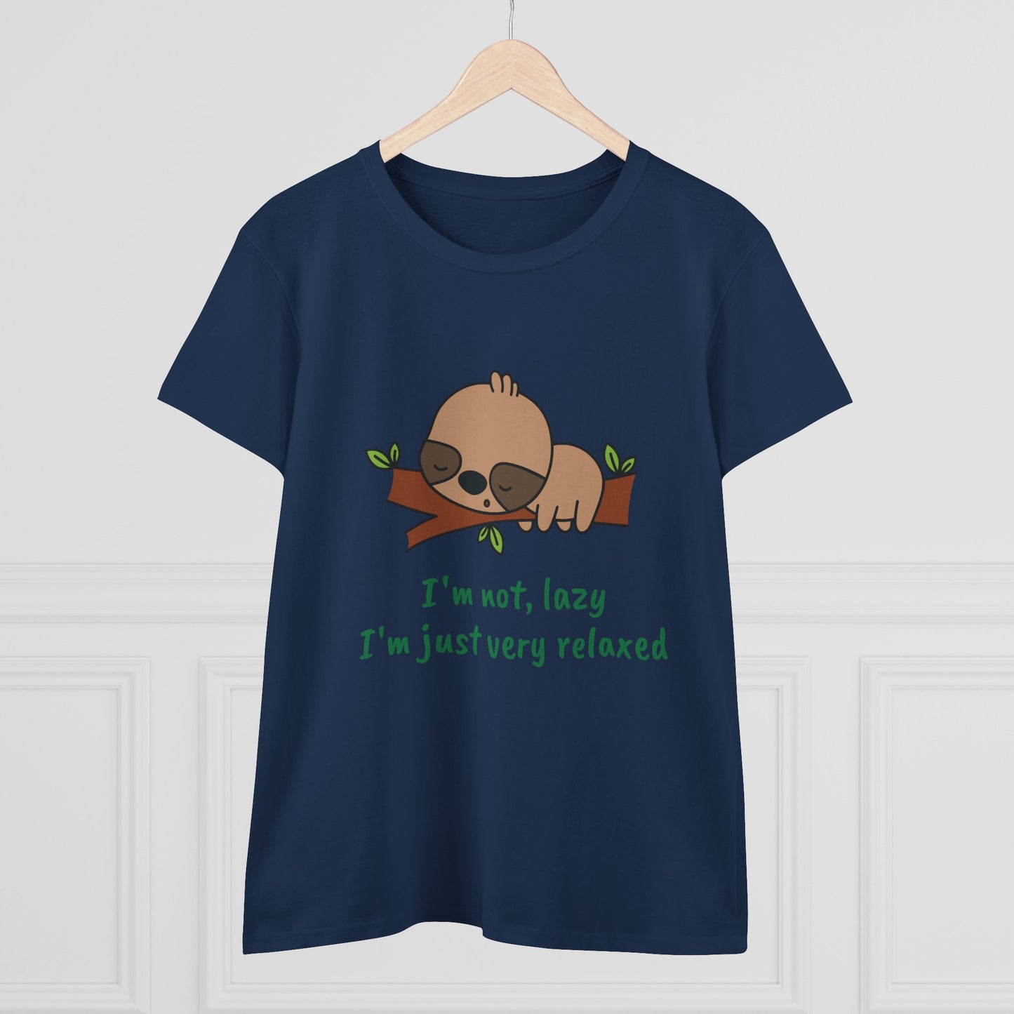 Navy Printify relaxed sloth t-shirt for women with cute sleeping sloth and text design