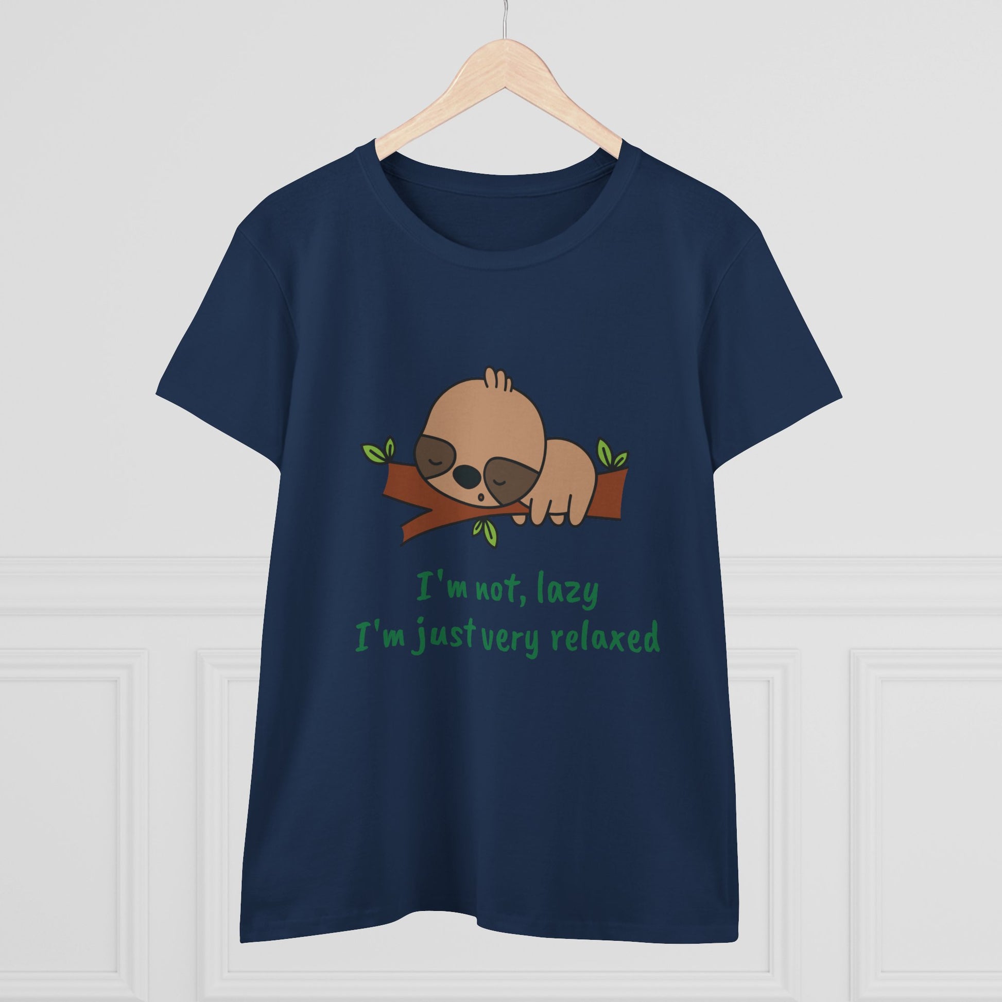 Navy Printify relaxed sloth t-shirt for women with cute sleeping sloth and text design