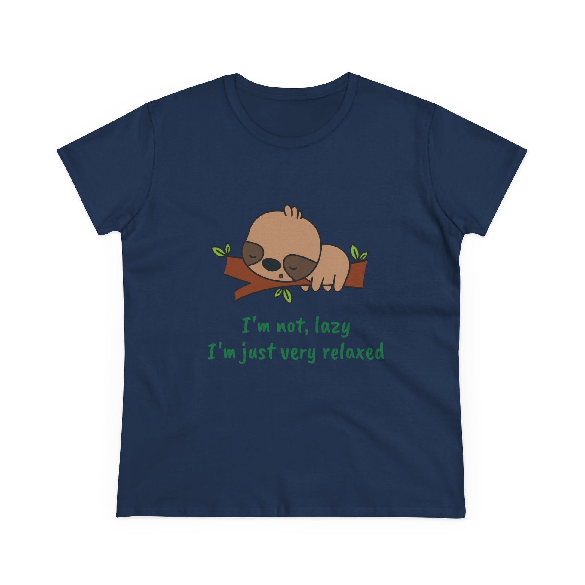 Navy Printify relaxed sloth t-shirt for women with cute sloth on branch and green text design