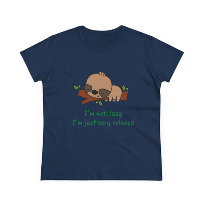 Navy Printify relaxed sloth t-shirt for women with cute sloth on branch and green text design