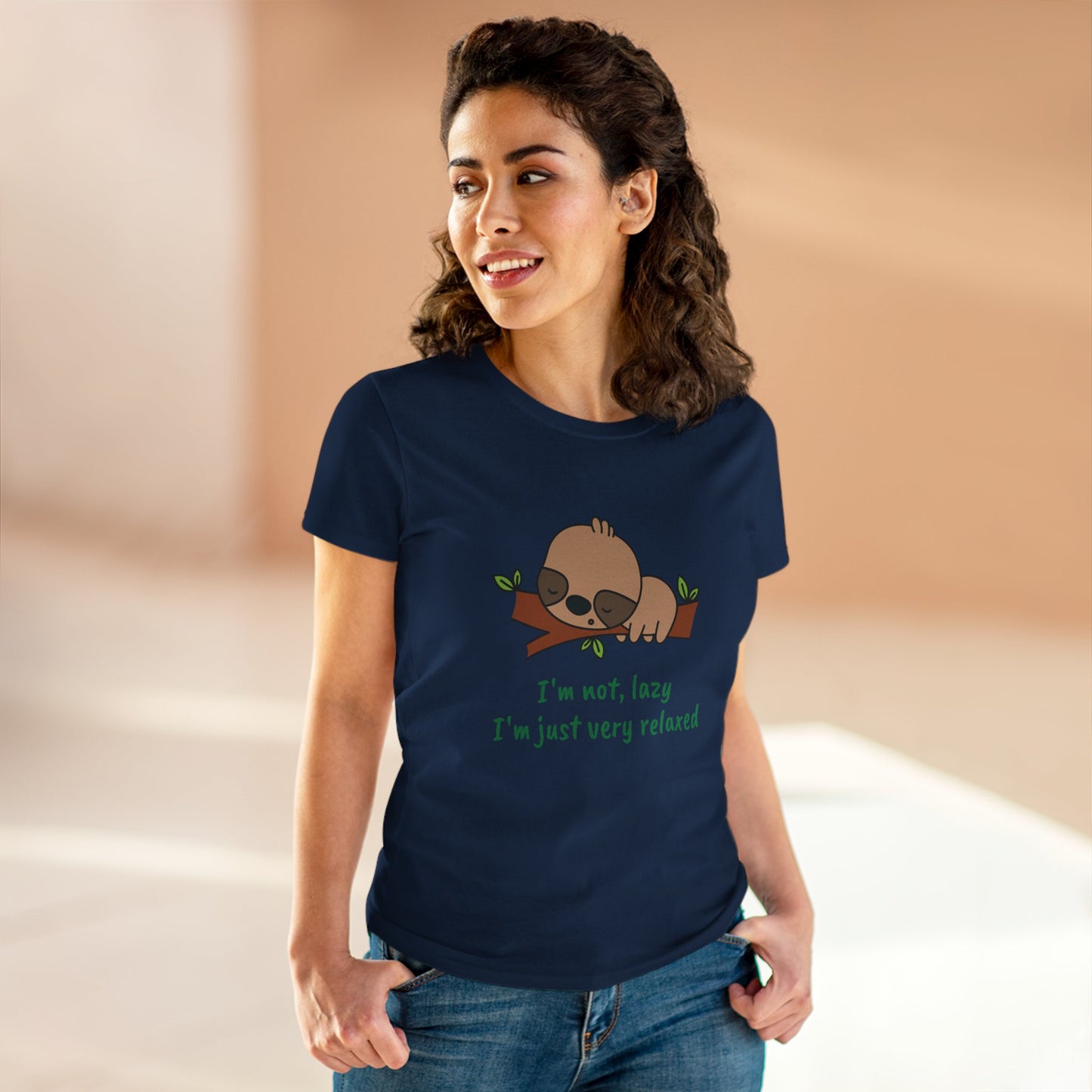 Relaxed sloth t-shirt for women featuring a cute sloth design and playful text on navy blue fabric