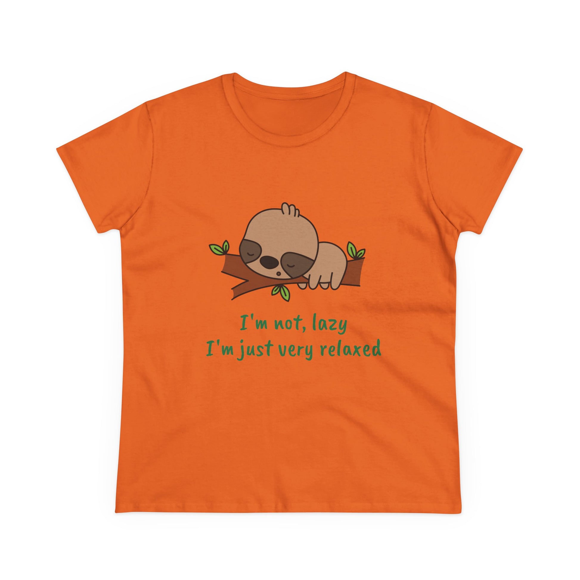 Orange relaxed sloth t-shirt for women with cute sloth sleeping on branch and relaxation quote