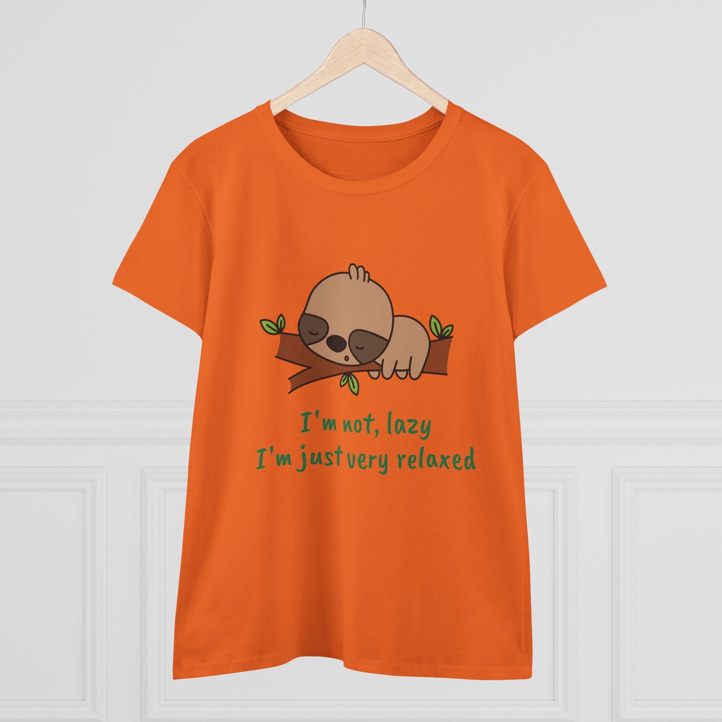 Orange relaxed sloth t-shirt for women with cute sleeping sloth and funny text design