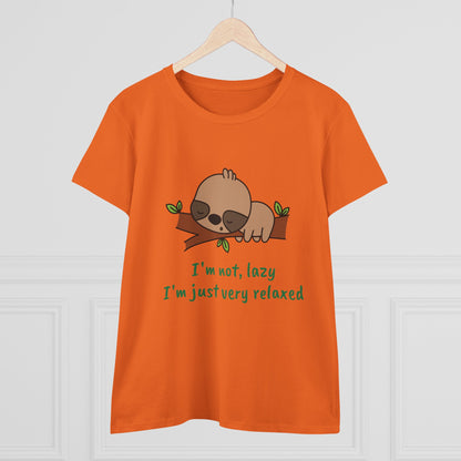 Orange relaxed sloth t-shirt for women with cute sleeping sloth and funny text design