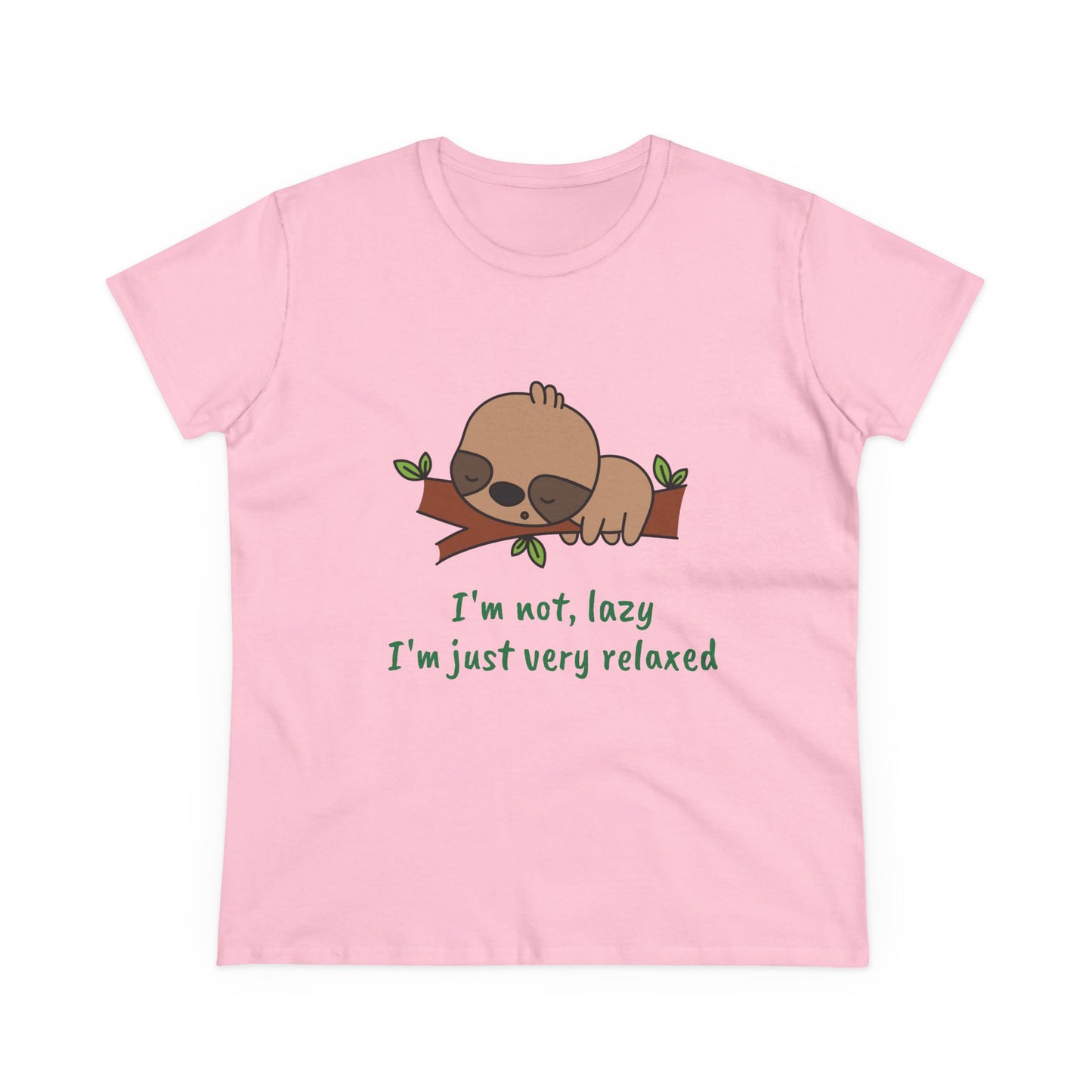 Pink relaxed sloth t-shirt for women with cute sloth graphic and relaxing quote
