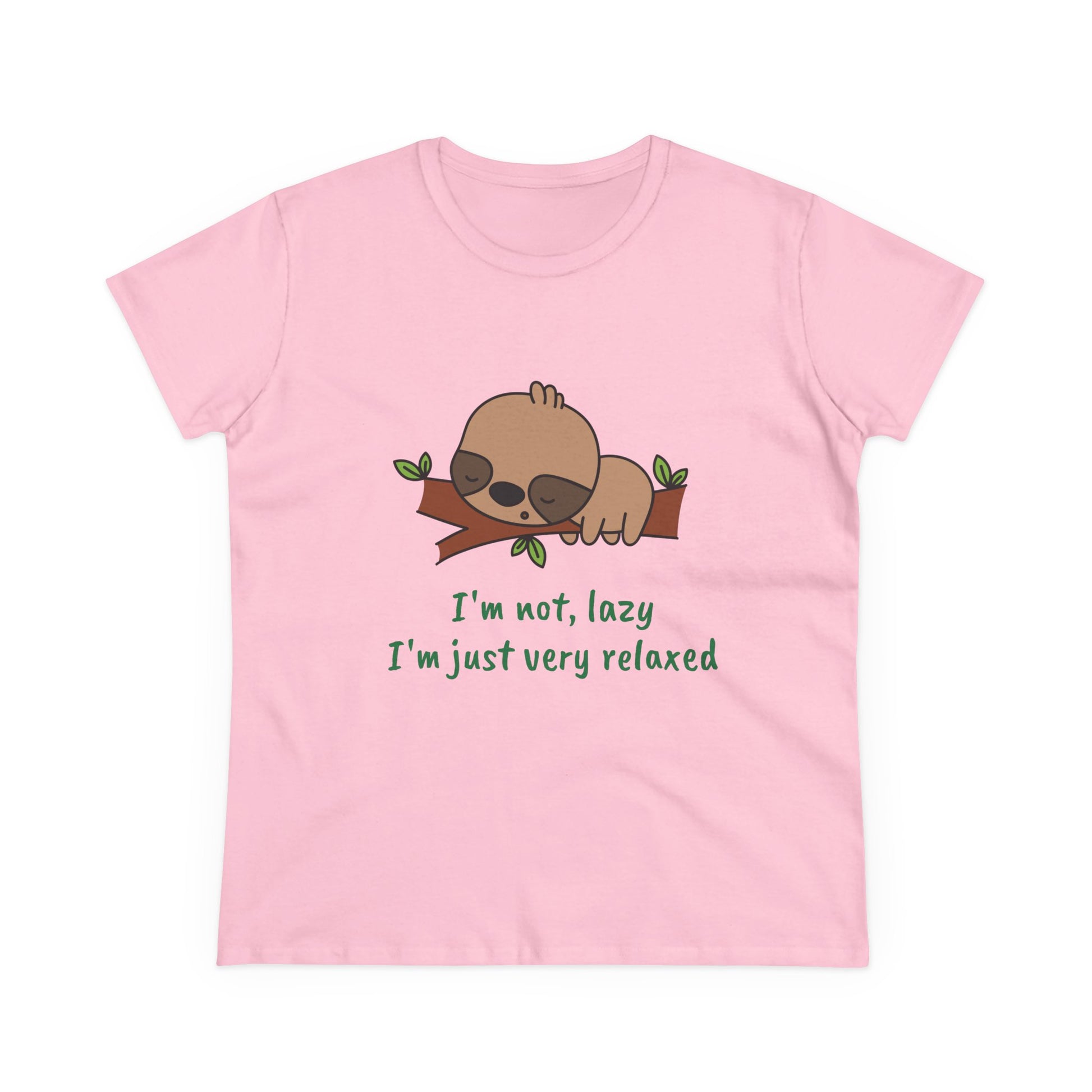 Pink relaxed sloth t-shirt for women with cute sloth graphic and relaxing quote
