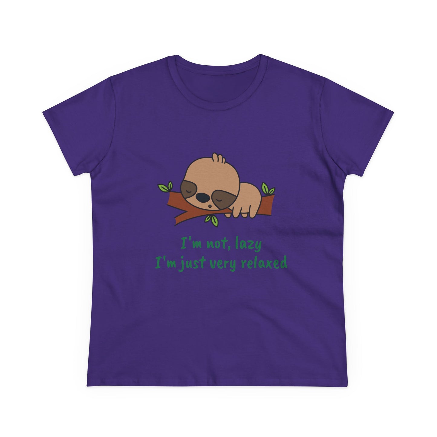 Purple relaxed sloth t-shirt for women with cute sleeping sloth graphic and green text