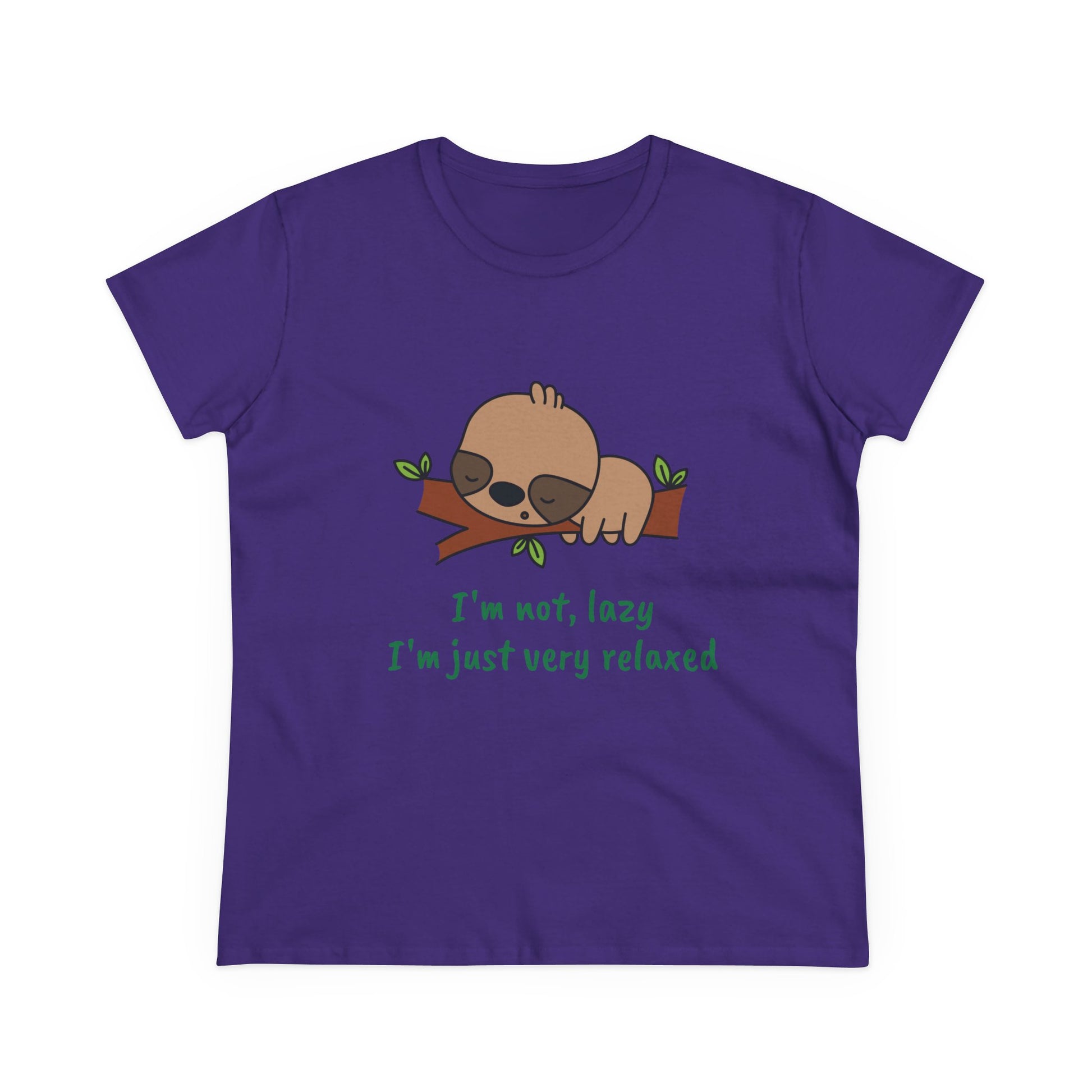 Purple relaxed sloth t-shirt for women with cute sleeping sloth graphic and green text