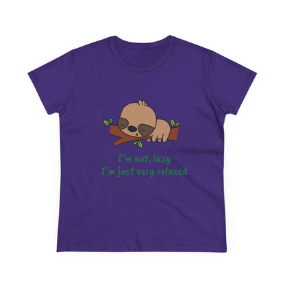 Purple relaxed sloth t-shirt for women with cute sleeping sloth graphic and green text