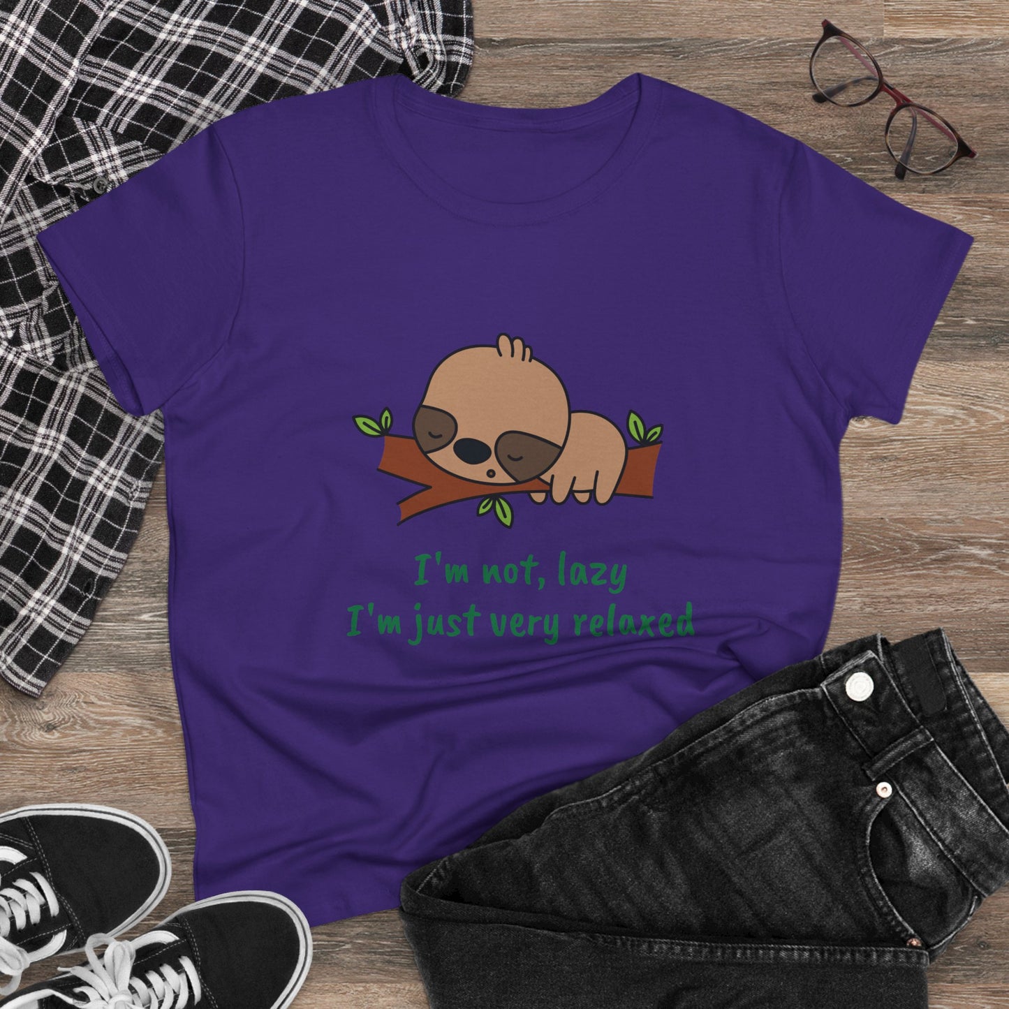 Purple relaxed sloth t-shirt for women featuring a cute sloth illustration and green text