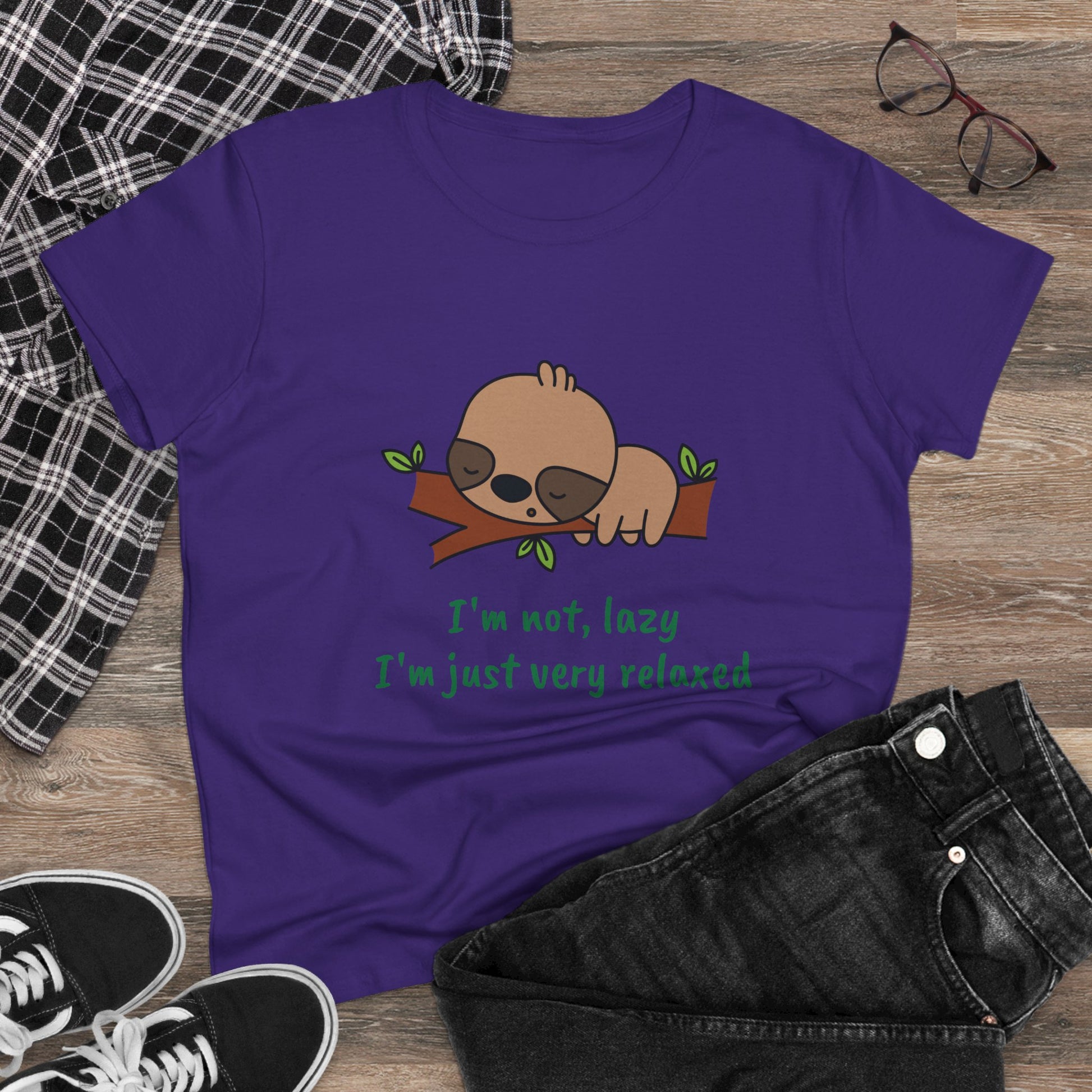 Purple relaxed sloth t-shirt for women featuring a cute sloth illustration and green text