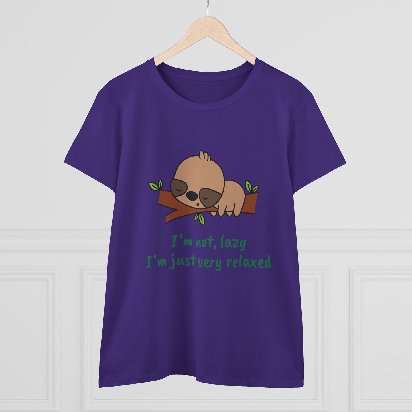 Relaxed sloth t-shirt for women in purple with a sleeping sloth graphic and green text