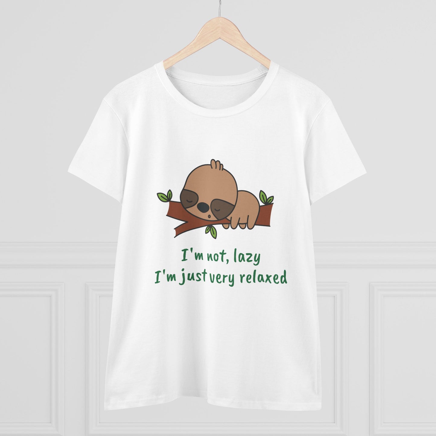 White relaxed sloth t-shirt for women with cute sloth graphic and humorous text printed by Printify
