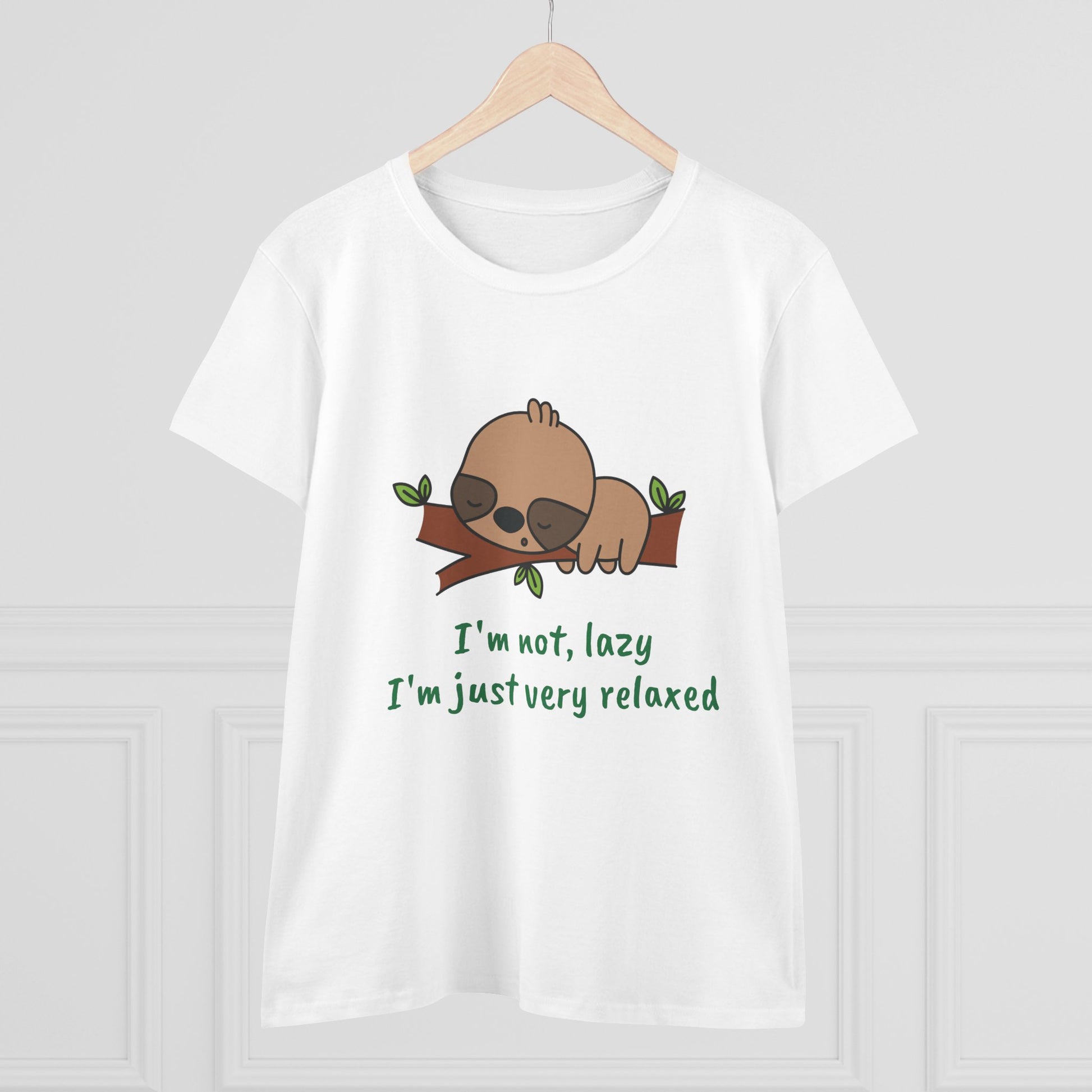 White relaxed sloth t-shirt for women with cute sloth graphic and humorous text printed by Printify