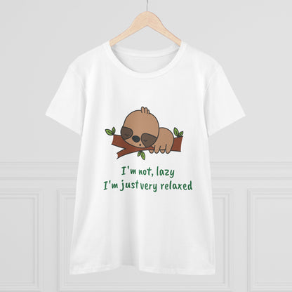 White relaxed sloth t-shirt for women with cute sloth graphic and humorous text printed by Printify