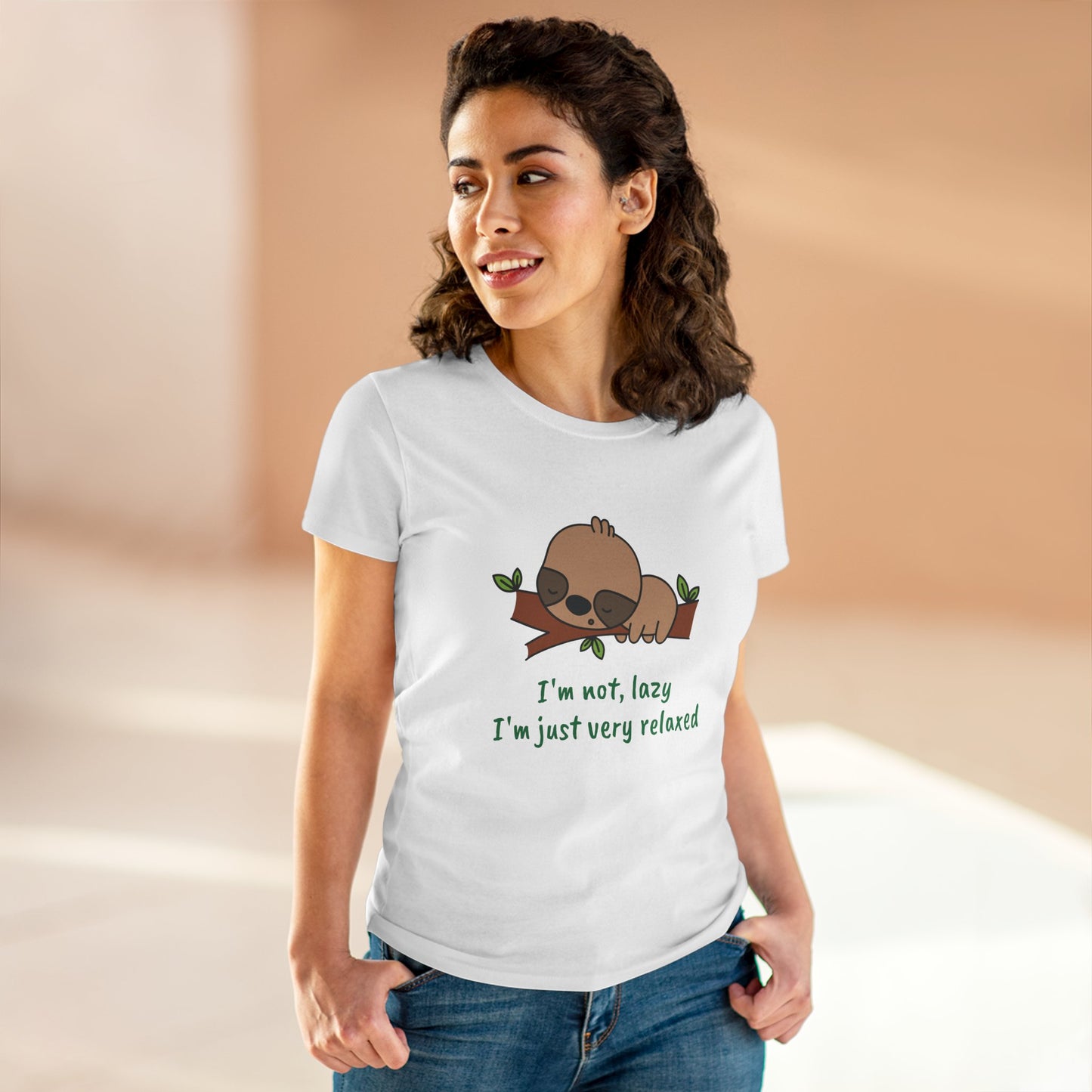 Relaxed sloth t-shirt for women featuring a cute sloth graphic with text on a white tee