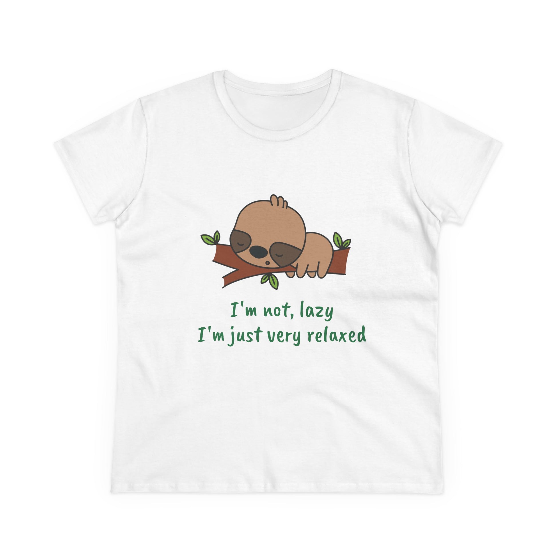 White relaxed sloth t-shirt for women featuring a sleeping sloth on a branch and green text