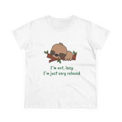 White relaxed sloth t-shirt for women featuring a sleeping sloth on a branch and green text