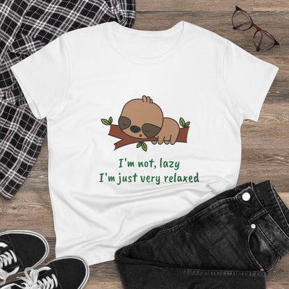 White relaxed sloth t-shirt for women with cute sloth illustration and green text design