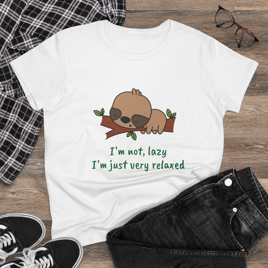 White relaxed sloth t-shirt for women with cute sloth illustration and green text design
