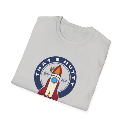White Printify t-shirt with a red rocket ship tee design and Thats Nutty text graphic