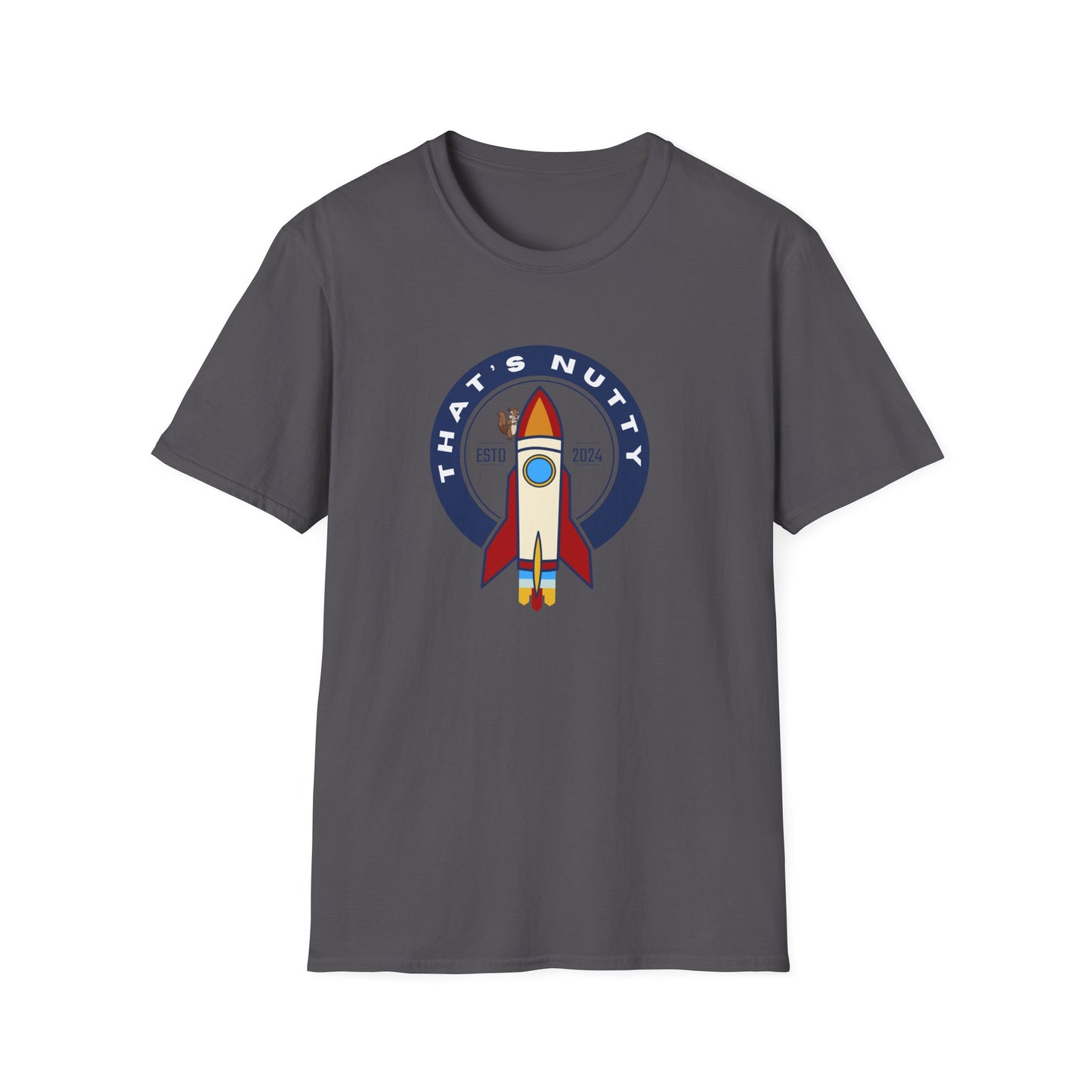 Gray Printify rocket ship tee with colorful rocket and That’s Nutty text graphic on front