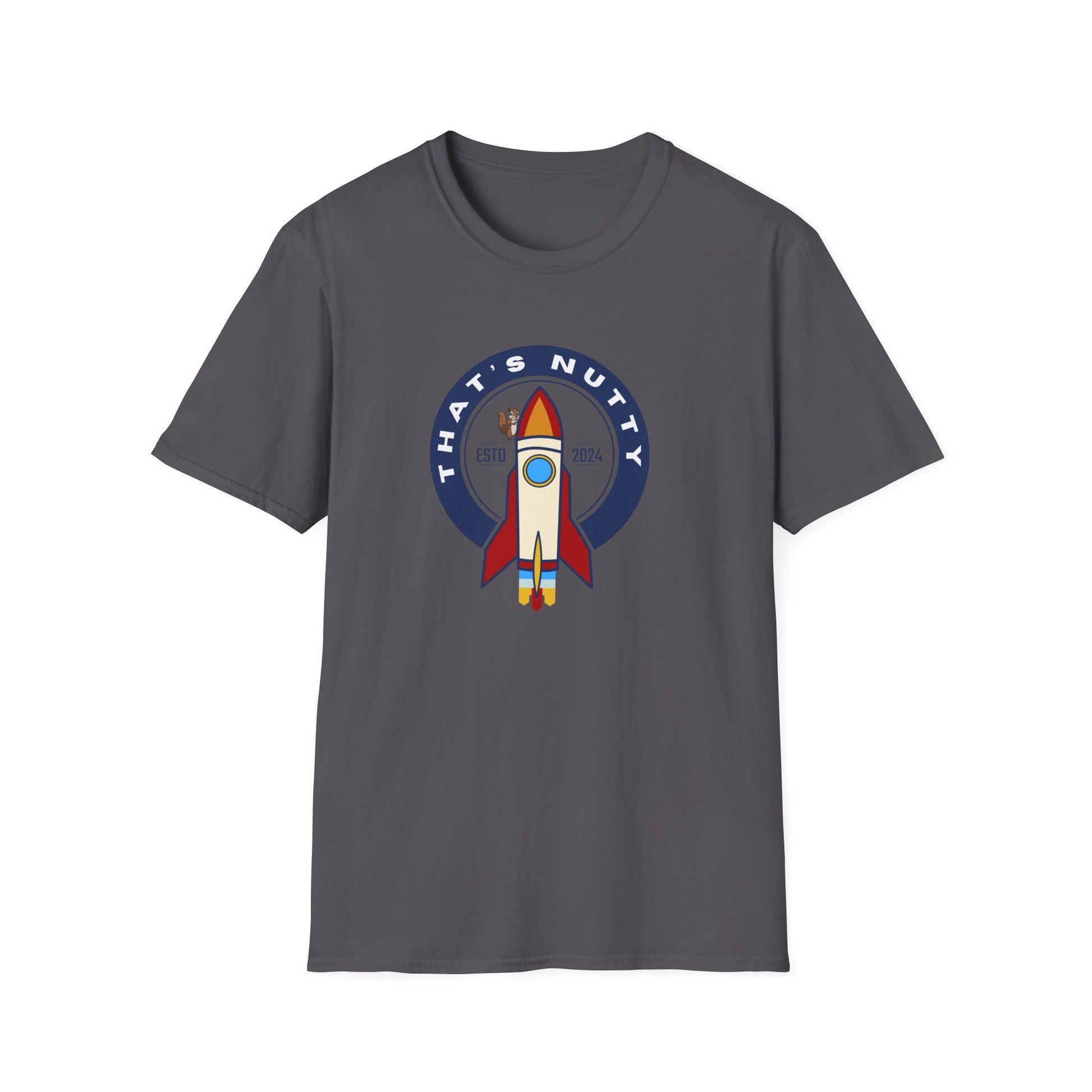 Gray Printify rocket ship tee with colorful rocket and That’s Nutty text graphic on front
