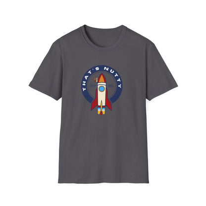 Gray Printify rocket ship tee with colorful rocket and That’s Nutty text graphic on front